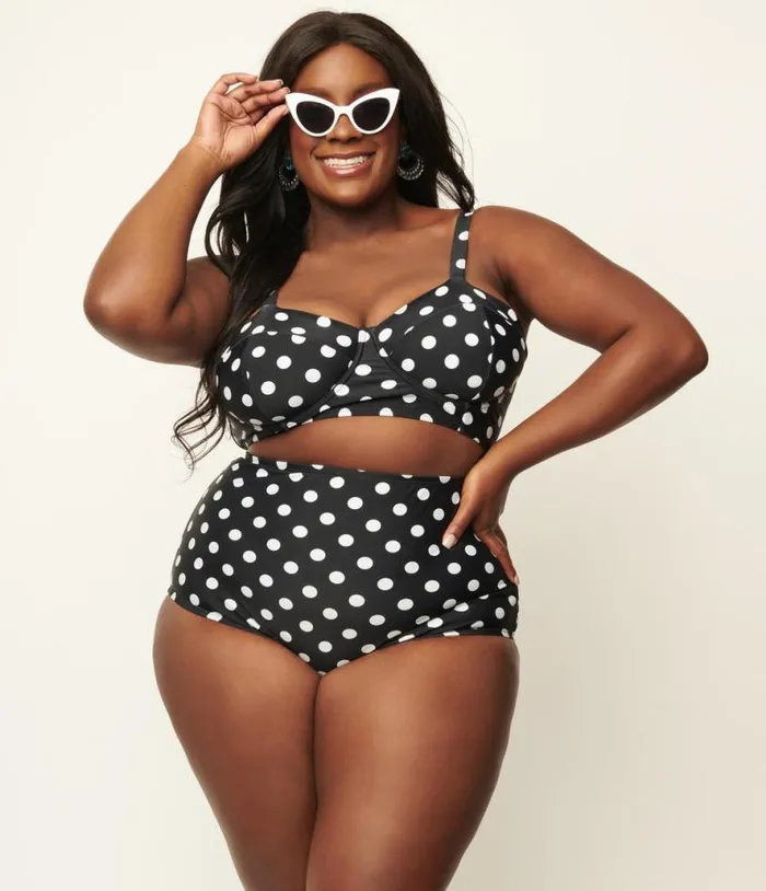 Plus Size Black and White Polka Dot High Waist Louise Swim Bottoms Plus Unique Vintage Two Piece Swim