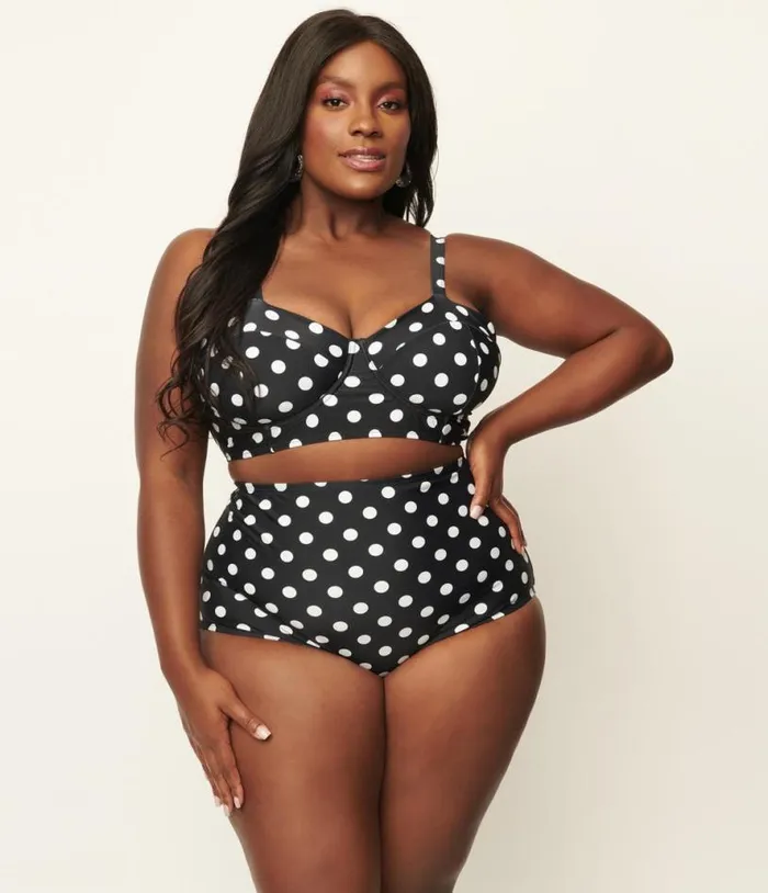 Plus Size Black and White Polka Dot High Waist Louise Swim Bottoms Plus Unique Vintage Two Piece Swim