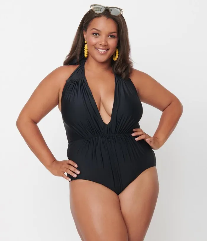 Plus Size Black Halter Shirred Derek One Piece Swimsuit Plus Unique Vintage One Piece Swim
