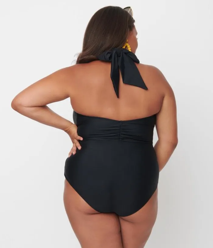 Plus Size Black Halter Shirred Derek One Piece Swimsuit Plus Unique Vintage One Piece Swim
