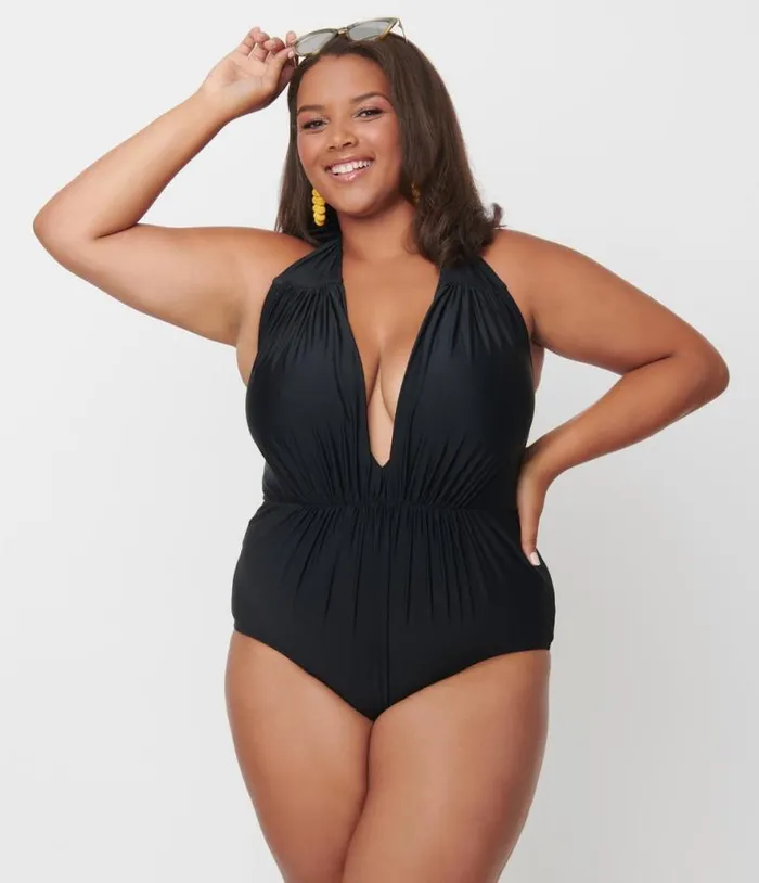 Plus Size Black Halter Shirred Derek One Piece Swimsuit Plus Unique Vintage One Piece Swim