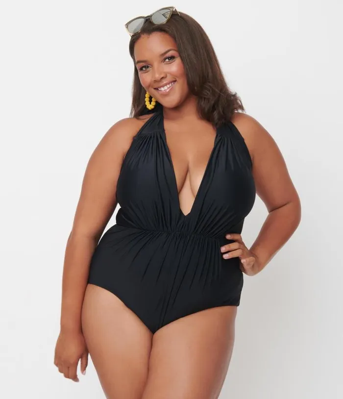 Plus Size Black Halter Shirred Derek One Piece Swimsuit Plus Unique Vintage One Piece Swim