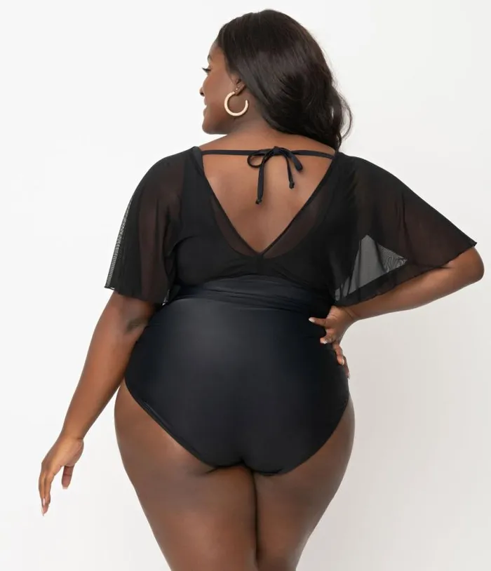 Plus Size Black Mesh Sleeved Torrey Swimsuit Plus Unique Vintage One Piece Swim