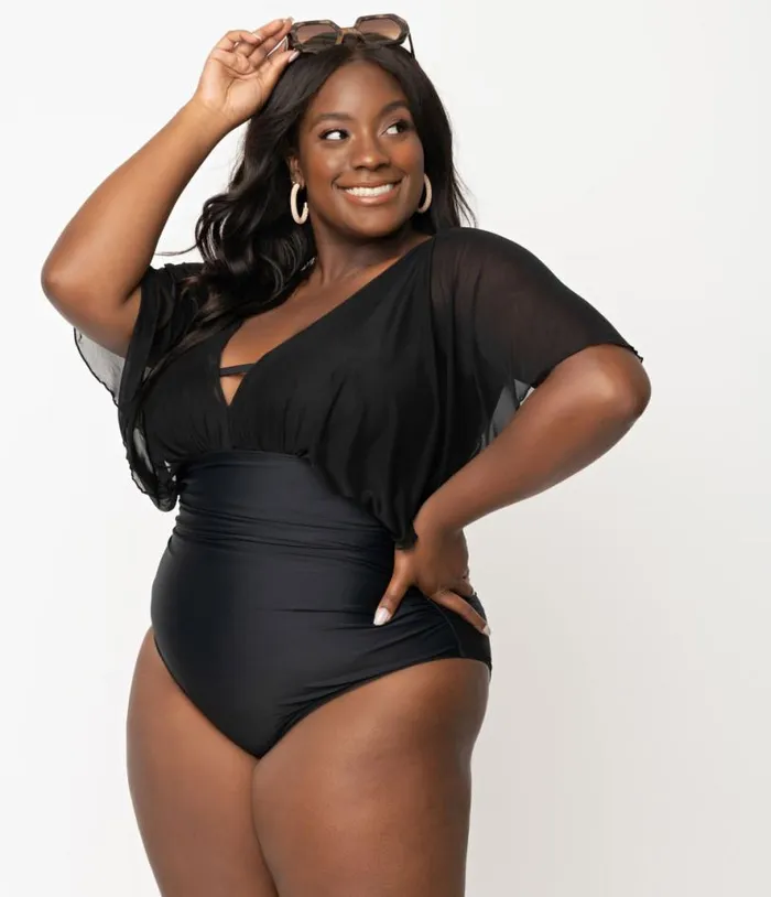 Plus Size Black Mesh Sleeved Torrey Swimsuit Plus Unique Vintage One Piece Swim