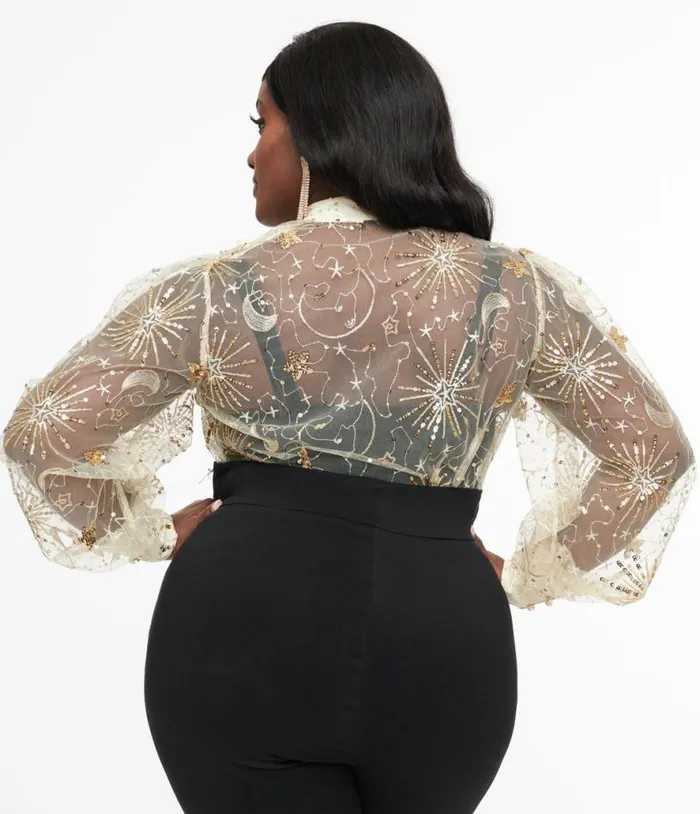 Plus Size Champagne Celestial Sequin Sheer Gwen Blouse ClothingPlus Unique Vintage Blouses