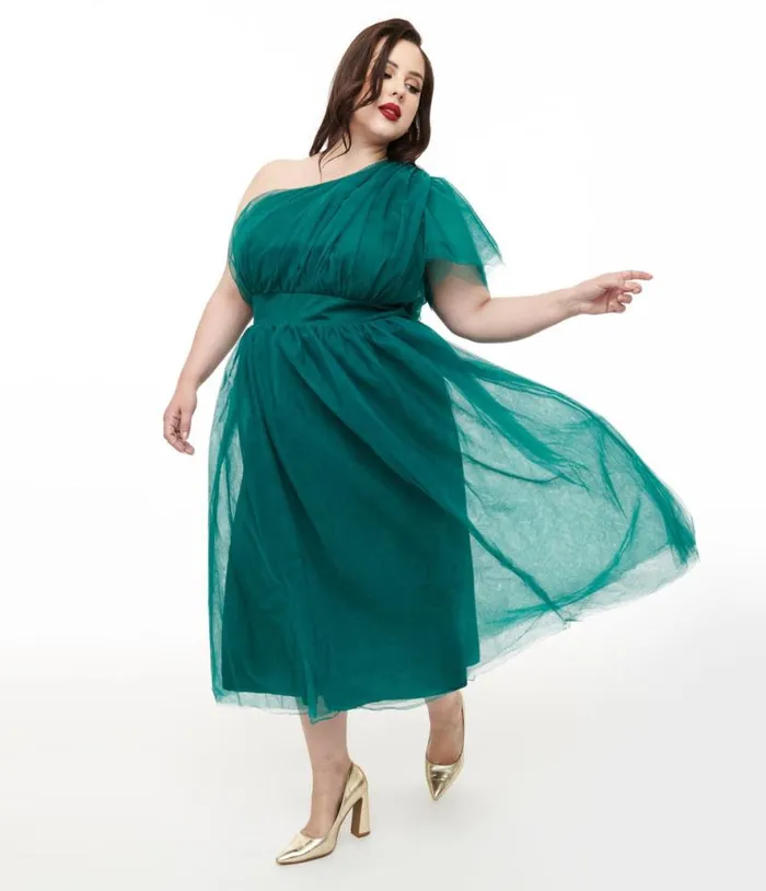 Plus Size Emerald Tulle Lively Charm Midi Dress Dresses Unique Vintage Midi