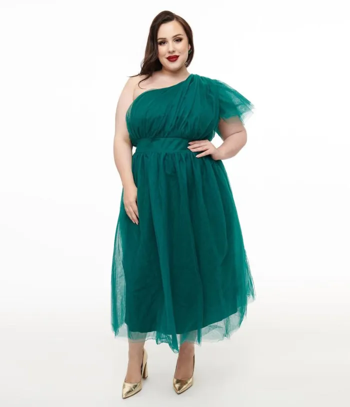 Plus Size Emerald Tulle Lively Charm Midi Dress Dresses Unique Vintage Midi