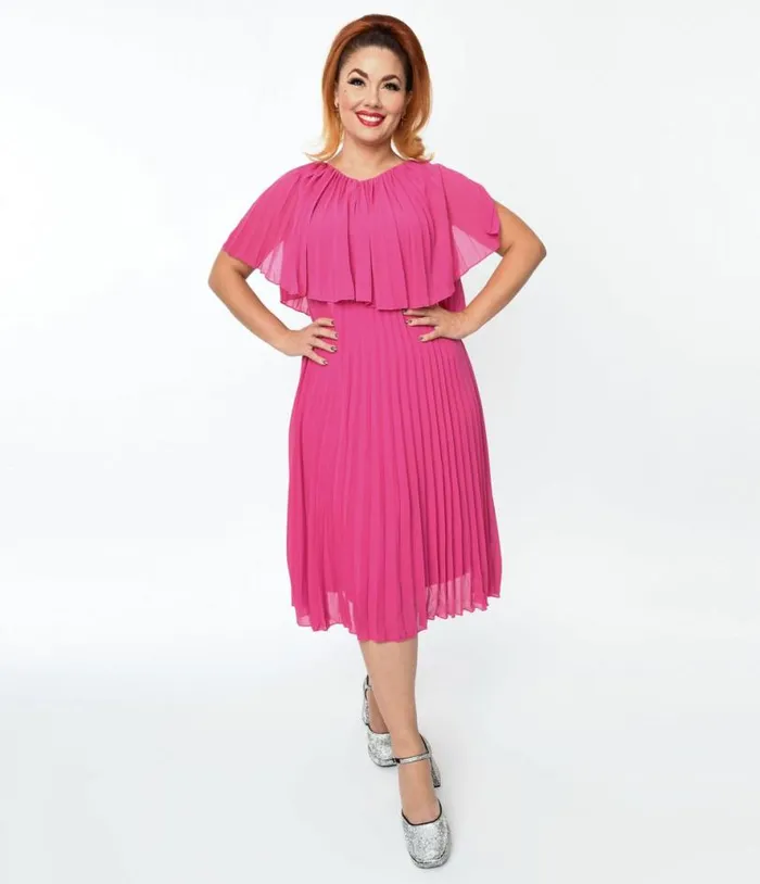 Plus Size Fuchsia Pleated Midi Dress Dresses Unique Vintage Midi