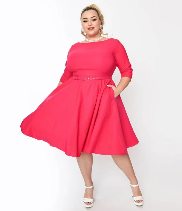 Plus Size Hot Pink Devon Swing Dress DressesPlus Unique Vintage Pocket Dresses