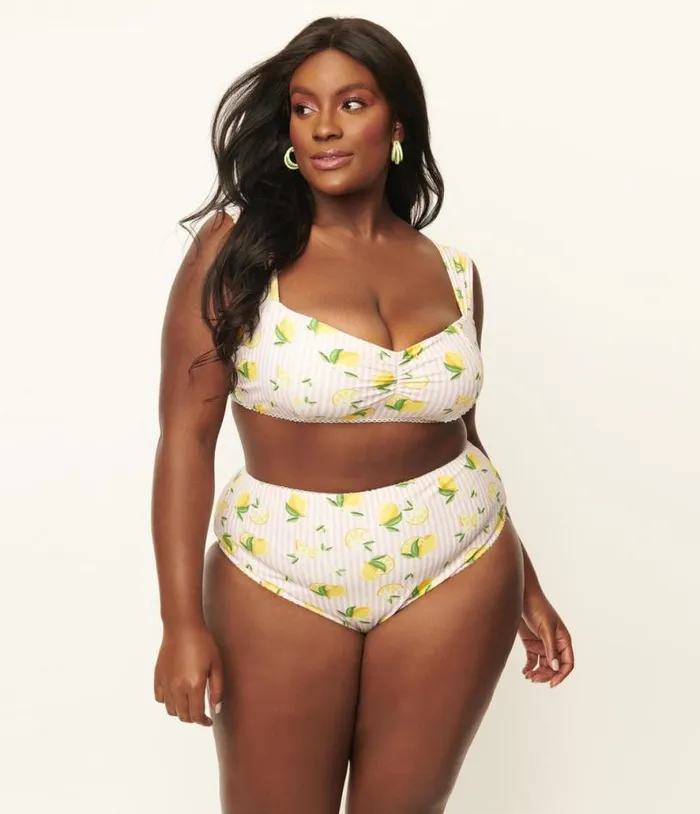 Plus Size Light Pink Stripes and Lemons Ruched and Ready Swim Top Plus Unique Vintage Two Piece Swim Plus Size Light Pink Stripes and Lemons Ruched and Ready Swim Top Plus Unique Vintage Two Piece Swim