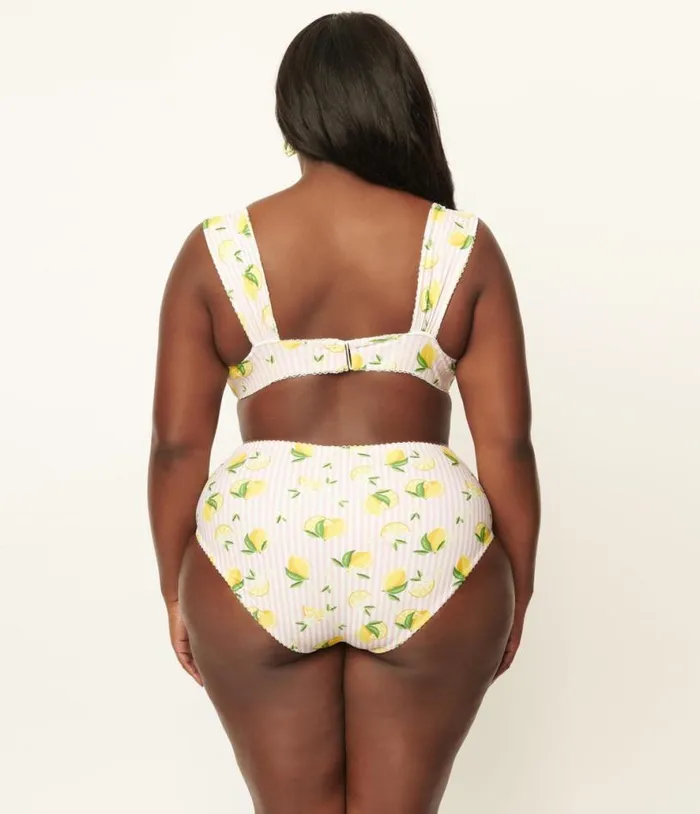 Plus Size Light Pink Stripes and Lemons Ruched and Ready Swim Top Plus Unique Vintage Two Piece Swim