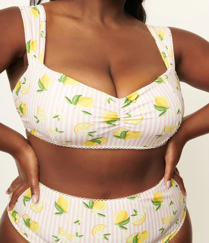 Plus Size Light Pink Stripes and Lemons Ruched and Ready Swim Top Plus Unique Vintage Two Piece Swim