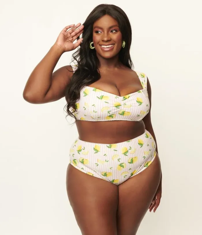 Plus Size Light Pink Stripes and Lemons Ruched and Ready Swim Top Plus Unique Vintage Two Piece Swim
