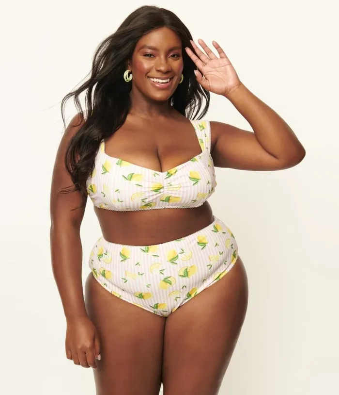 Plus Size Light Pink Stripes and Lemons Ruched and Ready Swim Top Plus Unique Vintage Two Piece Swim