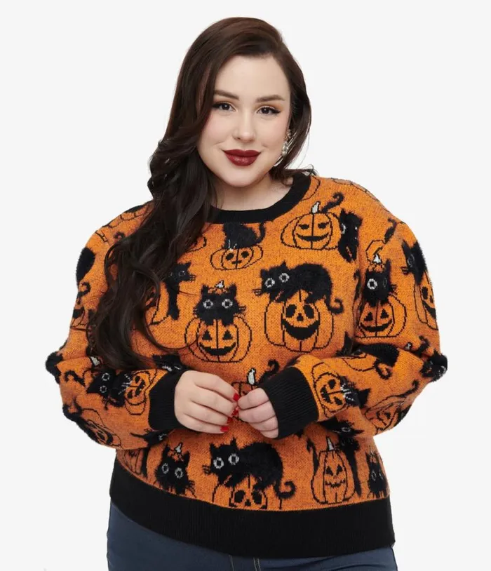 Plus Size Orange Pumpkin and Black Cat Print Sweater ClothingHalloweenPlus Unique Vintage Sweaters and Cardigans