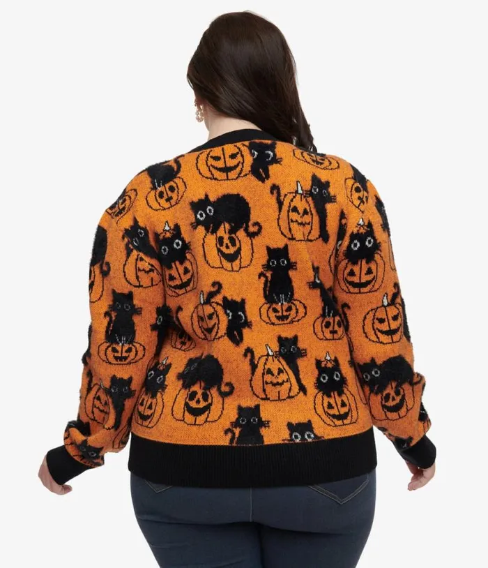 Plus Size Orange Pumpkin and Black Cat Print Sweater ClothingHalloweenPlus Unique Vintage Sweaters and Cardigans