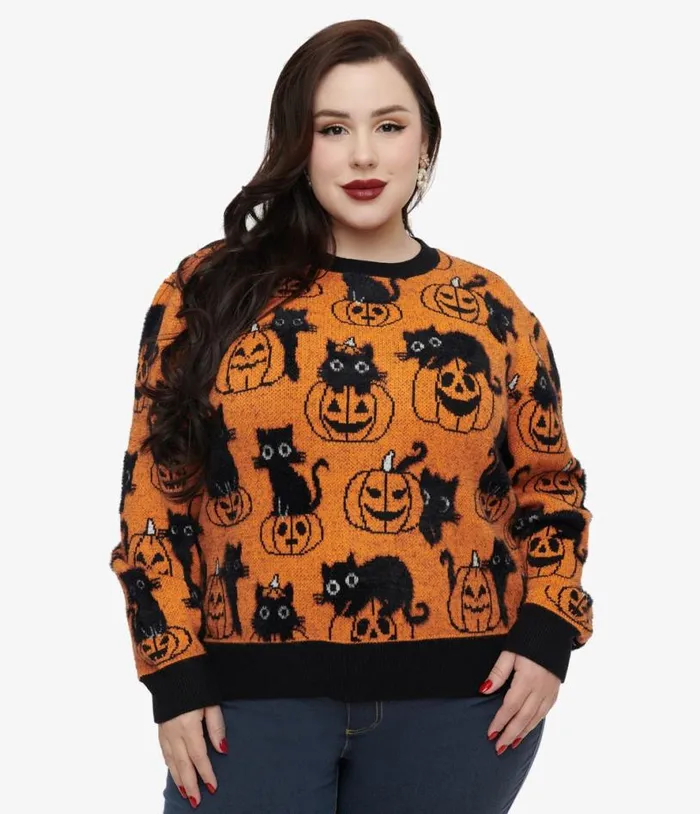Plus Size Orange Pumpkin and Black Cat Print Sweater ClothingHalloweenPlus Unique Vintage Sweaters and Cardigans