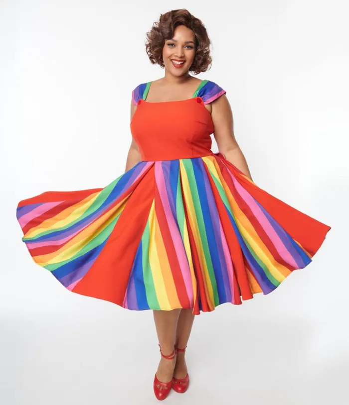 Plus Size Red and Rainbow Stripe Swing Dress DressesPlus Unique Vintage Swing Plus Size Red and Rainbow Stripe Swing Dress DressesPlus Unique Vintage Swing