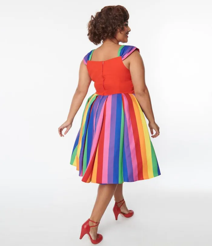Plus Size Red and Rainbow Stripe Swing Dress DressesPlus Unique Vintage Swing