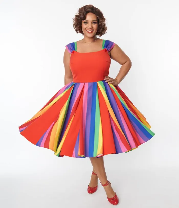 Plus Size Red and Rainbow Stripe Swing Dress DressesPlus Unique Vintage Swing