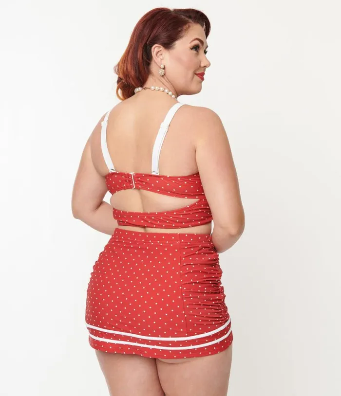 Plus Size Red Pin Dot Lace Up Swim Top Plus Unique Vintage Two Piece Swim