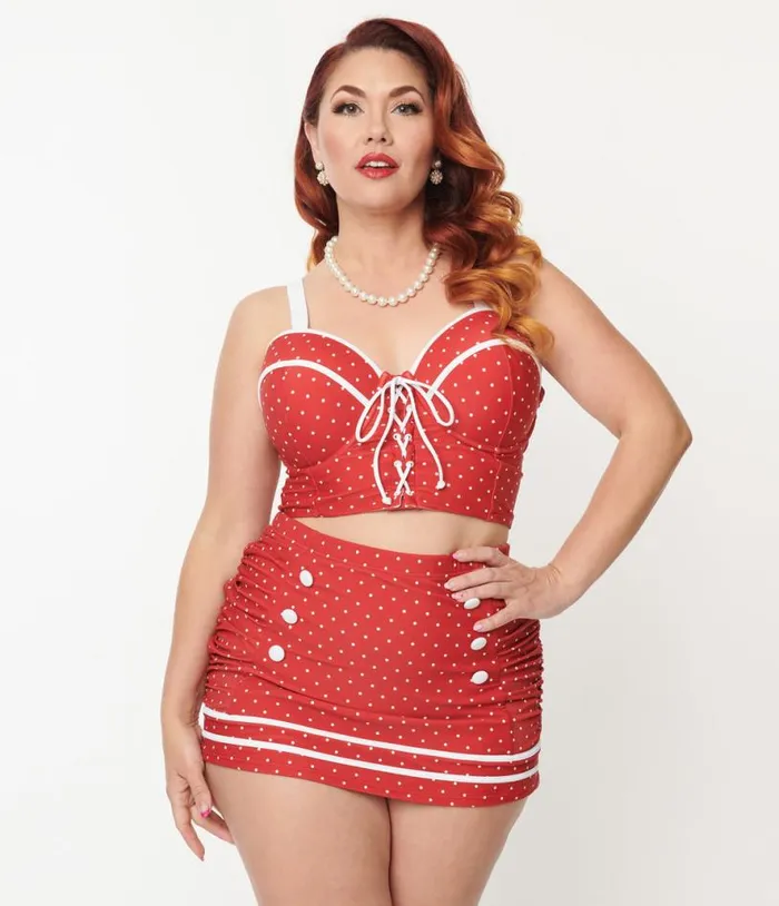 Plus Size Red Pin Dot Lace Up Swim Top Plus Unique Vintage Two Piece Swim