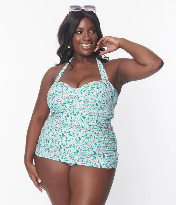 Plus Size Turquoise Retro Hearts Print Corrine Sheath Swimsuit Plus Unique Vintage One Piece Swim