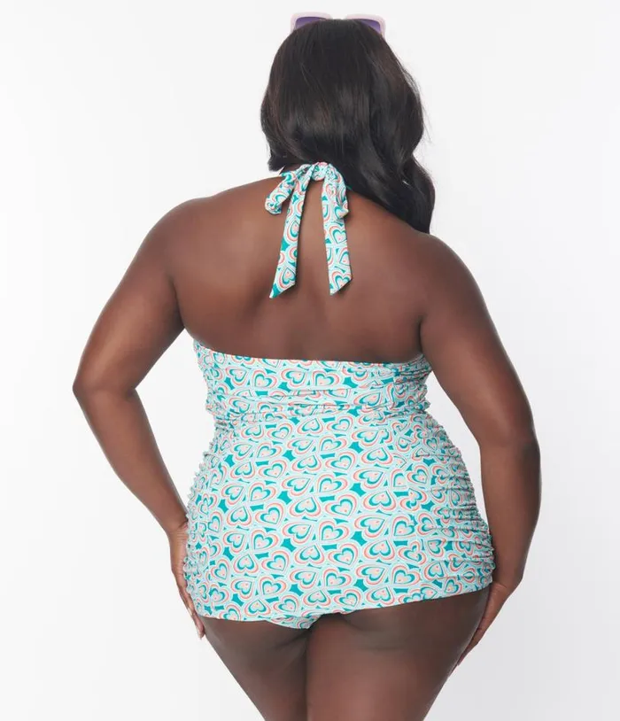 Plus Size Turquoise Retro Hearts Print Corrine Sheath Swimsuit Plus Unique Vintage One Piece Swim