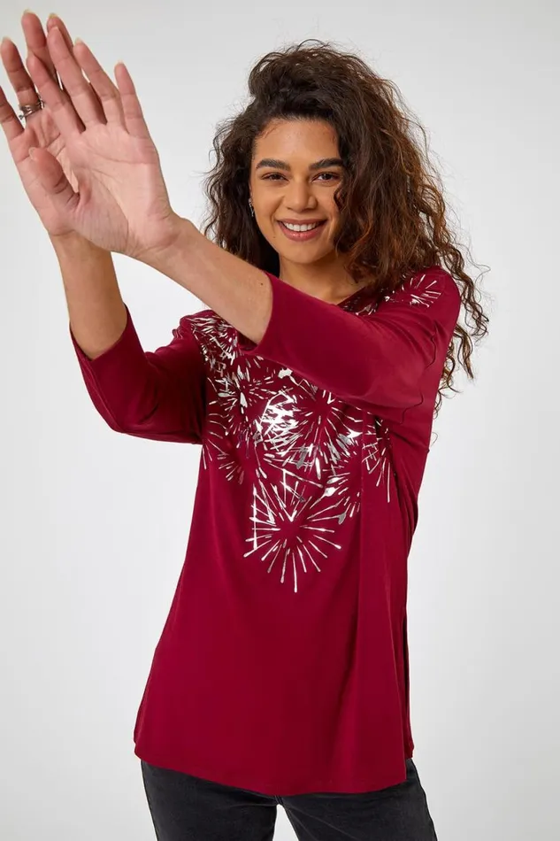 Port Metallic Firework Stretch Top Women Roman Tops