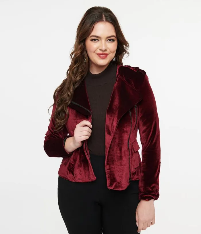 Pretty Attitude Clothing Burgundy Velvet You Could Be Mine Moto Jacket ClothingPlus Unique Vintage Jackets