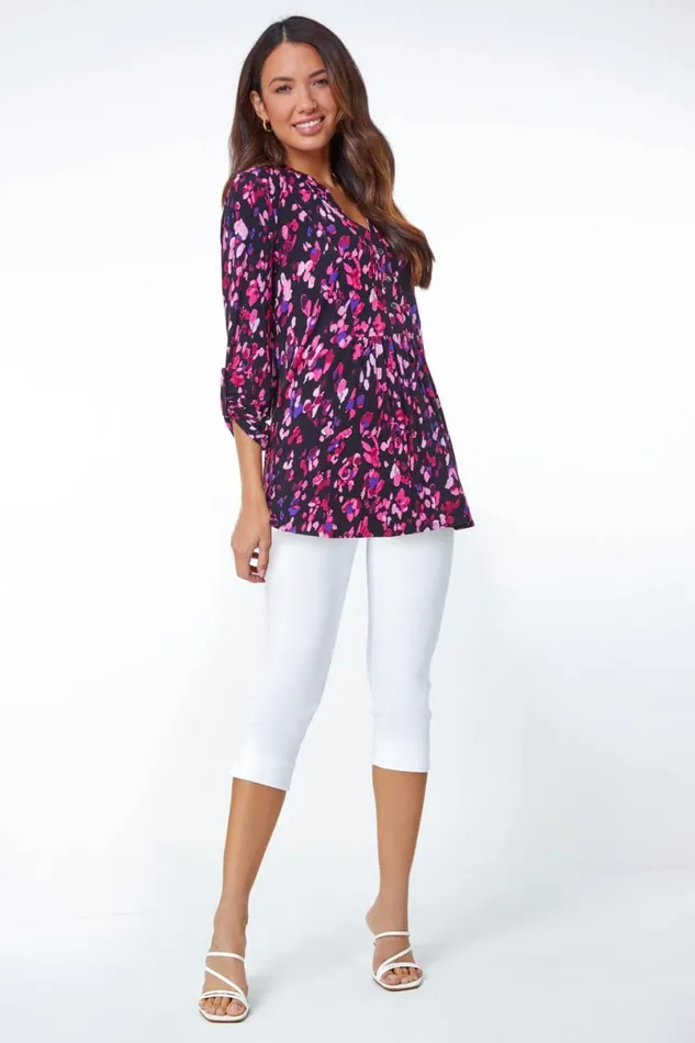 Purple Abstract Animal Longline VNeck Tunic Top Women Roman Tops