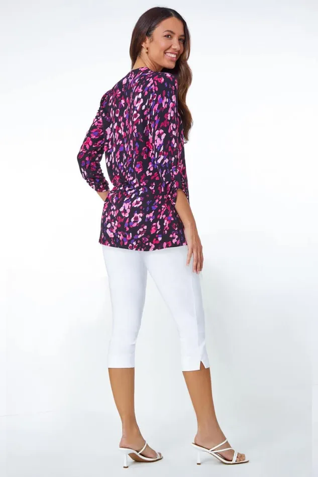 Purple Abstract Animal Longline VNeck Tunic Top Women Roman Tops