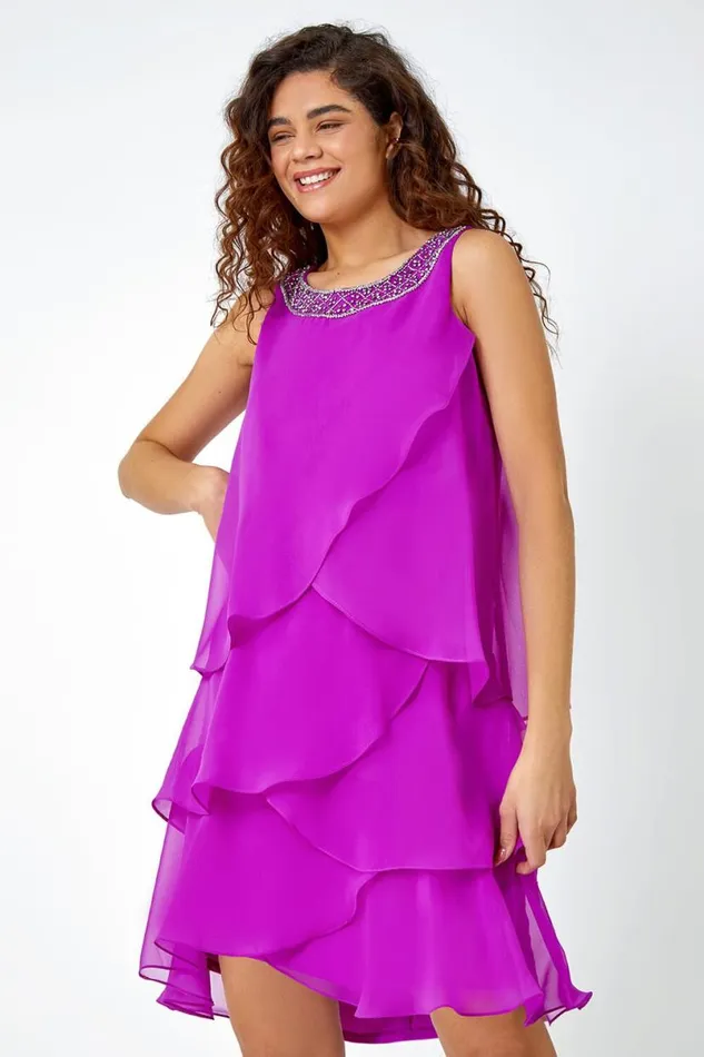 Purple Bead Embellished Tiered Chiffon Dress Women Roman Dresses