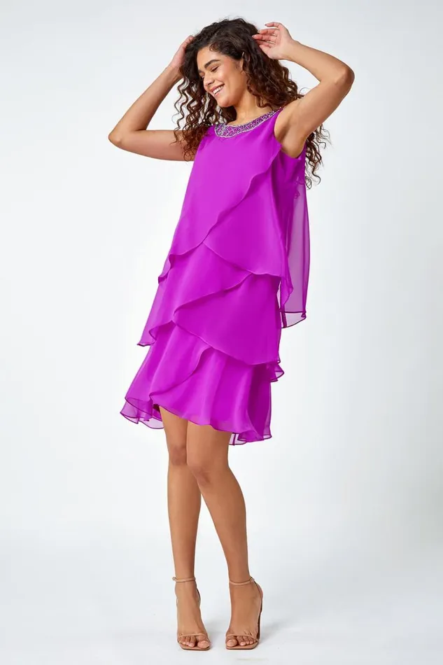 Purple Bead Embellished Tiered Chiffon Dress Women Roman Dresses