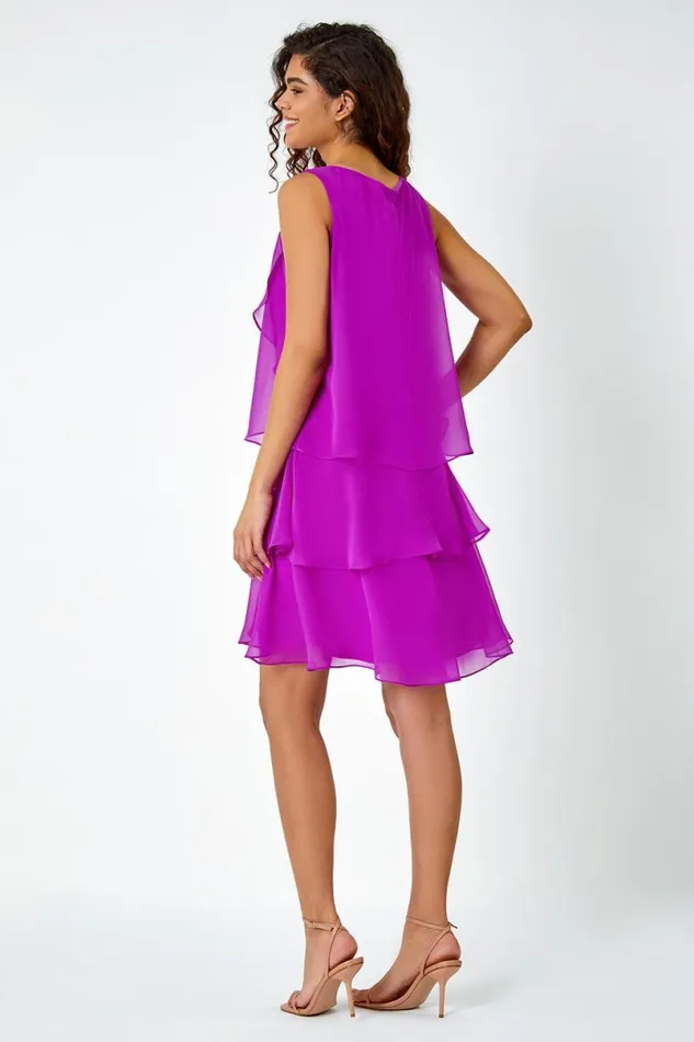 Purple Bead Embellished Tiered Chiffon Dress Women Roman Dresses