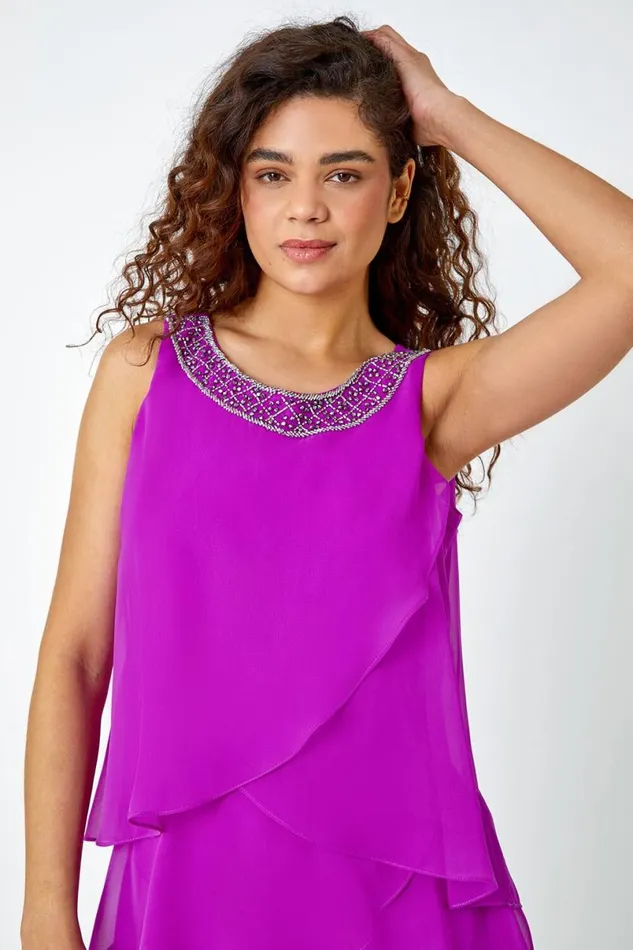 Purple Bead Embellished Tiered Chiffon Dress Women Roman Dresses
