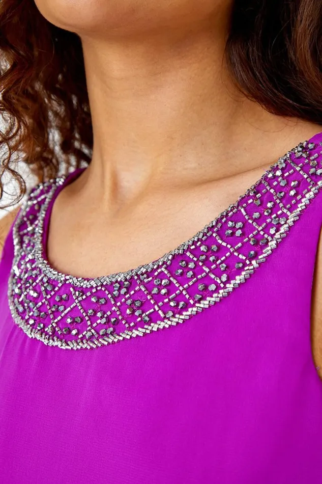 Purple Bead Embellished Tiered Chiffon Dress Women Roman Dresses