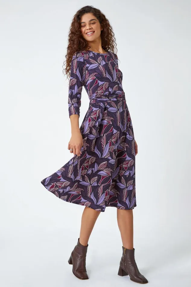 Purple Leaf Print Gathered Stretch Dress Women Roman Dresses