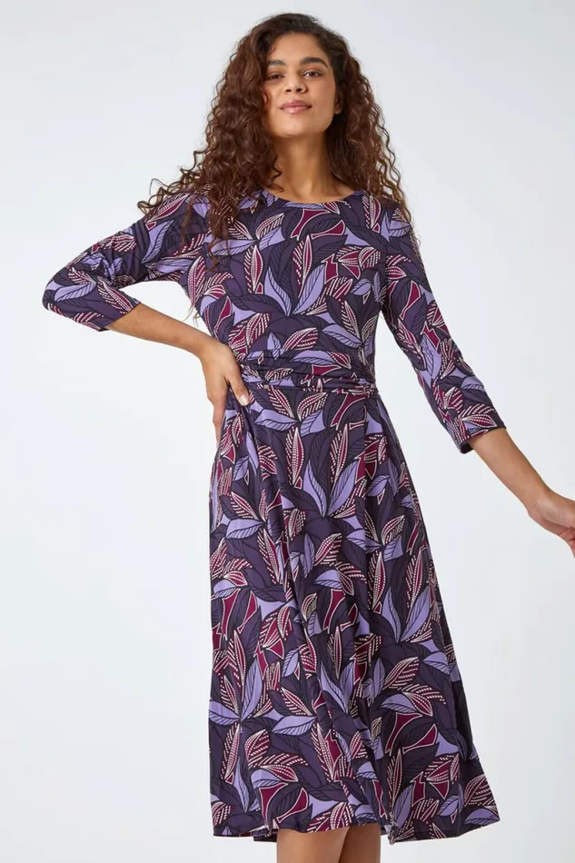 Purple Leaf Print Gathered Stretch Dress Women Roman Dresses
