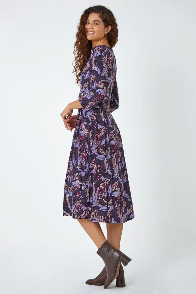 Purple Leaf Print Gathered Stretch Dress Women Roman Dresses