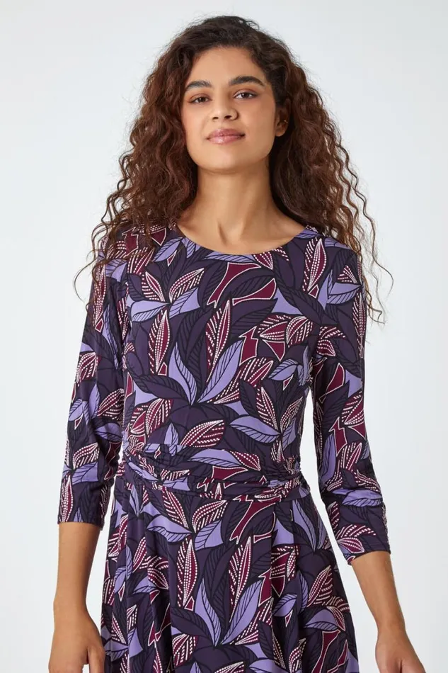 Purple Leaf Print Gathered Stretch Dress Women Roman Dresses