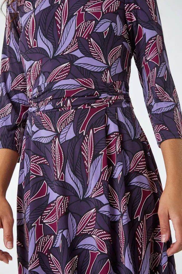 Purple Leaf Print Gathered Stretch Dress Women Roman Dresses