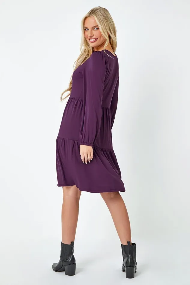 Purple Petite Plain Tiered Stretch Dress Women Roman Dresses