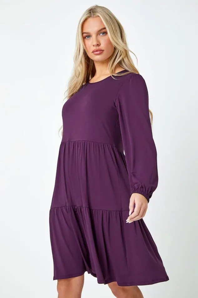 Purple Petite Plain Tiered Stretch Dress Women Roman Dresses
