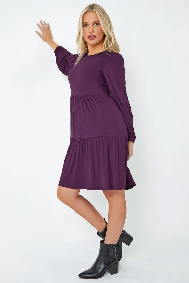 Purple Petite Plain Tiered Stretch Dress Women Roman Dresses