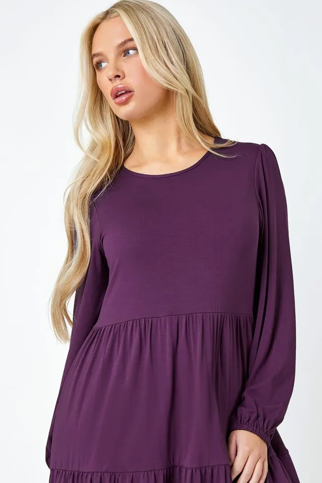 Purple Petite Plain Tiered Stretch Dress Women Roman Dresses