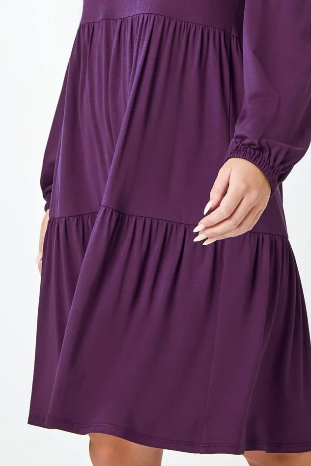 Purple Petite Plain Tiered Stretch Dress Women Roman Dresses