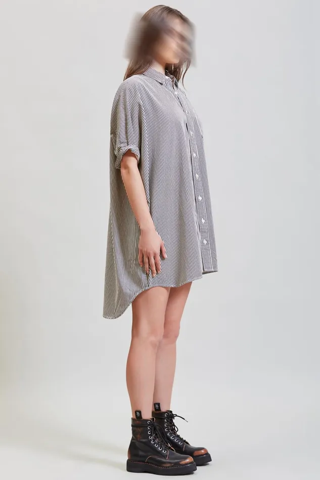 R13 Dresses Women Oversized Boxy Button Up Dress 8211 Navy Stripe