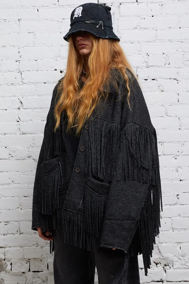 R13 Jackets and Coats Women Crockett Fringe Jacket 8211 Grey Houndstooth