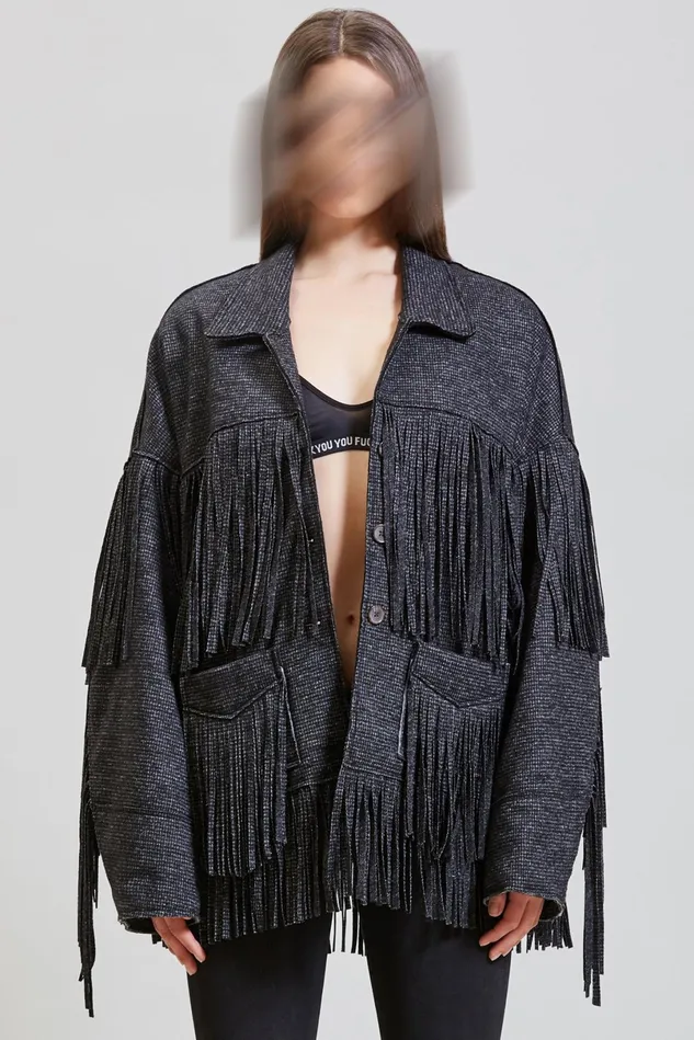 R13 Jackets and Coats Women Crockett Fringe Jacket 8211 Grey Houndstooth